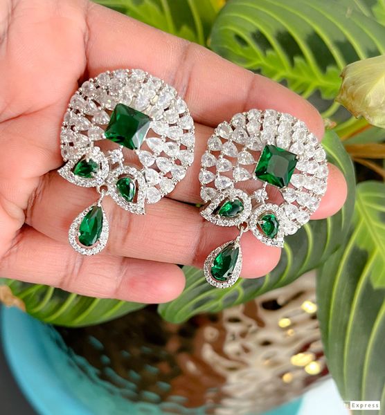 AD Stone In Rhodium Finish Big Size Earrings- Emerald Stones!!!