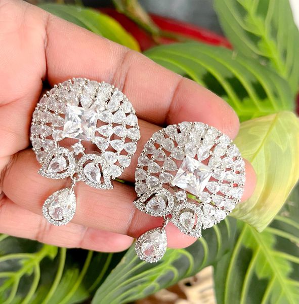 AD Stone In Rhodium Finish Big Size Earrings- Full White Stones!!!