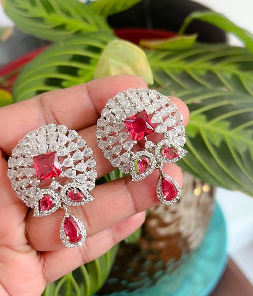 AD Stone In Rhodium Finish Big Size Earrings- Water RED Stones!!!
