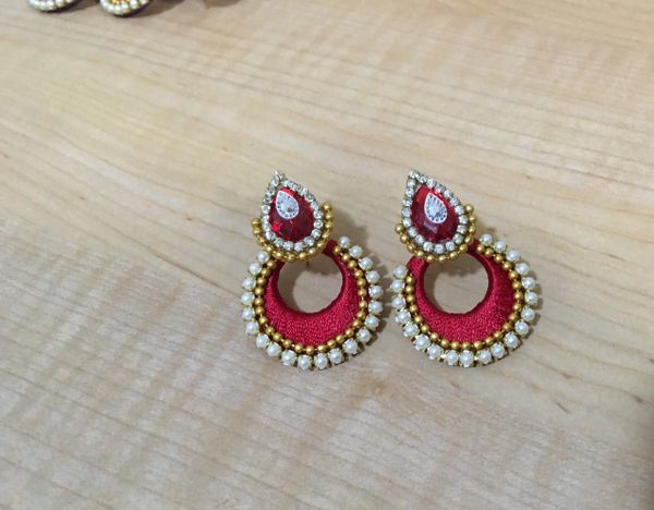 Silk Thread Chandbaali Medium Sized earrings in Red!!!