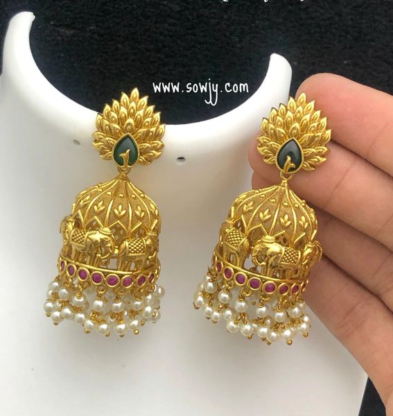 Leaf Studded Elephant XL Size Gold Finish Jhumkas with Ruby and Emerald Stones!!!