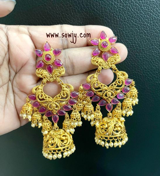 Floral XL Size Long Jhumka with Small Haning Jhumkas on the Sides=Ruby Stones!!!