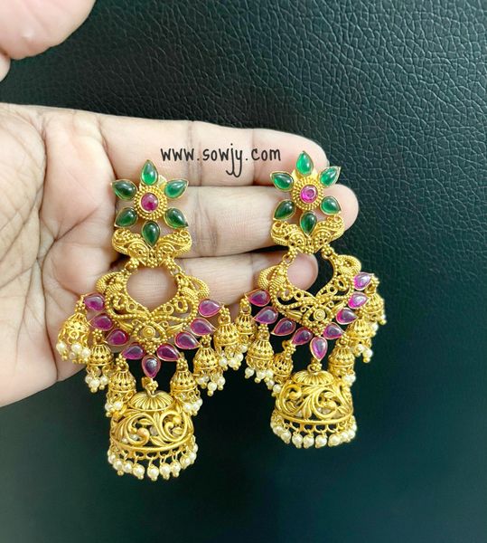Floral XL Size Long Jhumka with Small Haning Jhumkas on the Sides=Ruby and Emerald Stones!!!