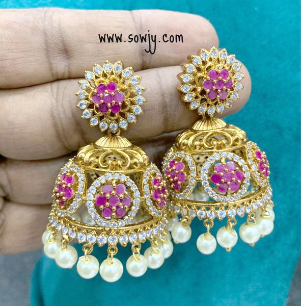 Floral Large Size AD Stone Jhumkas with Pearl Hanging-Ruby!!!