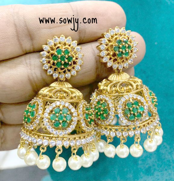 Floral Large Size AD Stone Jhumkas with Pearl Hanging-Emerald !!!