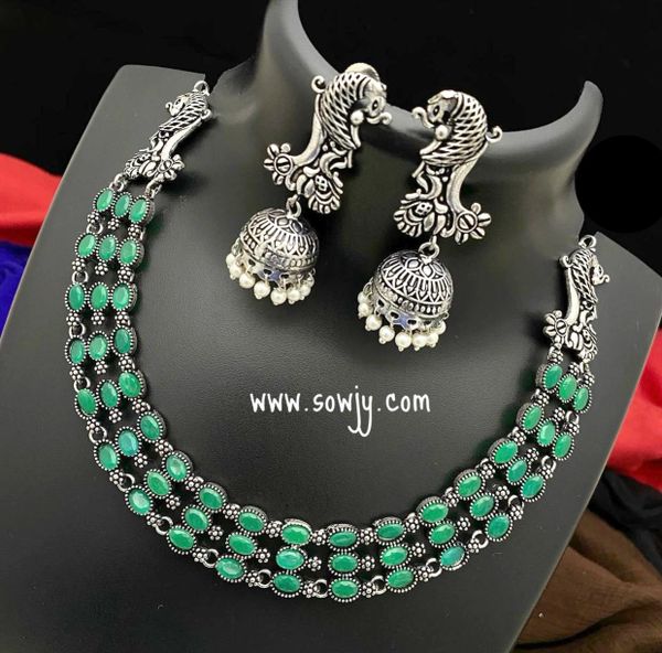 Oxidised 3 Layer Necklace with Peacock Jhumkas-Green Shade!!!!