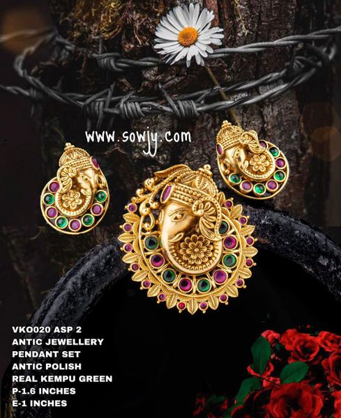 Ganesha Gold Finish Kemp Stone Pendant Set with Earrings-