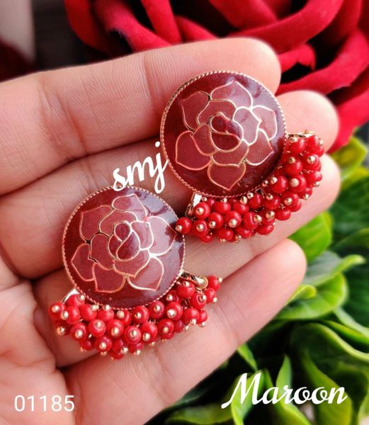 Rose Design Enamel Earrings with Ghungroos- Maroon!!!