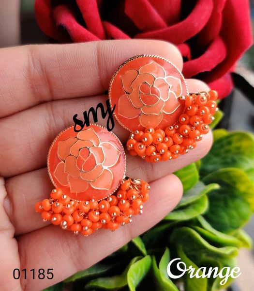 Rose Design Enamel Earrings with Ghungroos- Orange!!!