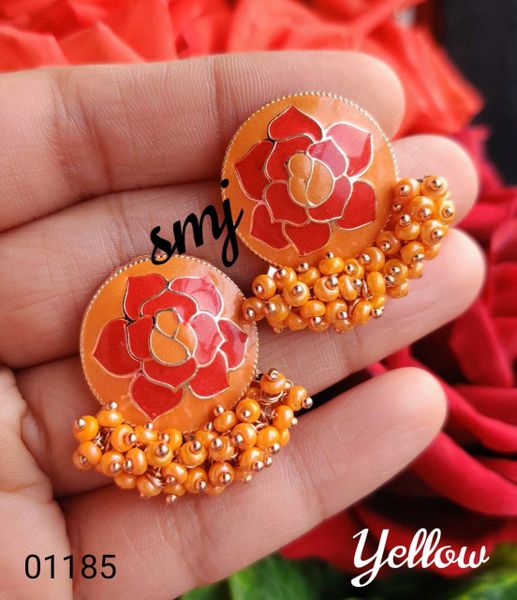 Rose Design Enamel Earrings with Ghungroos- Yellow!!!