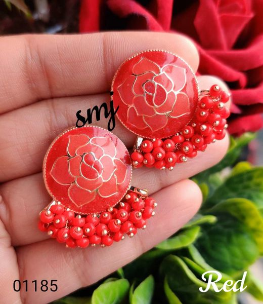 Rose Design Enamel Earrings with Ghungroos- RED!!!