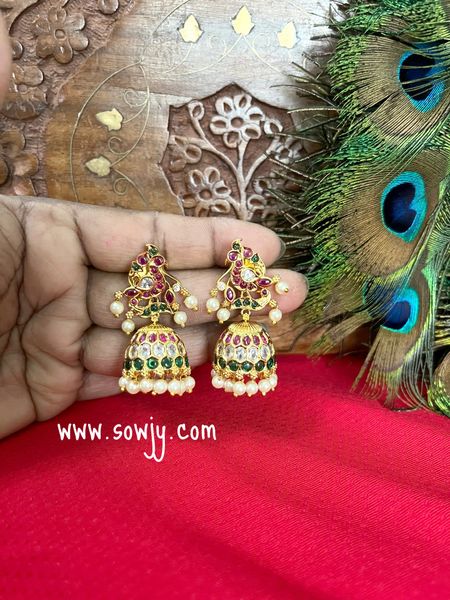 Lovely Peacock Studs Kemp Stone Jhumkas in Gold Finish!!!