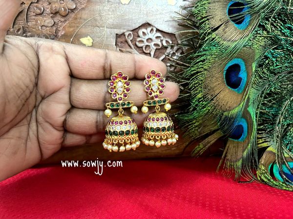 Floral Studs Kemp Stone Jhumkas in Gold Finish!!!