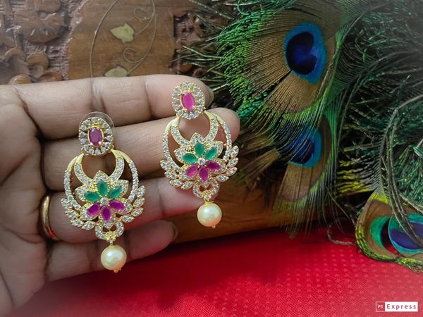 Lovely AD Stone Chaandbali Earrings- Ruby, Emerald and White!!!