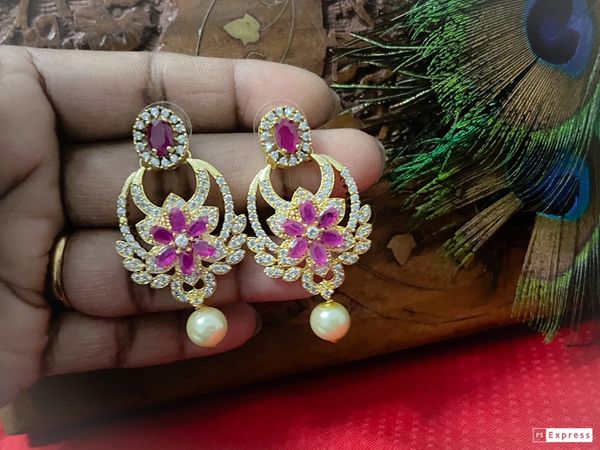 Lovely AD Stone Chaandbali Earrings- Ruby and White!!!
