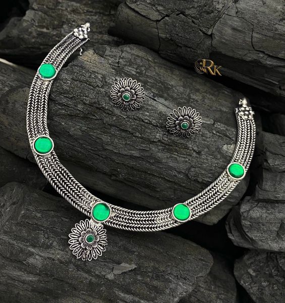 Simple Floral Oxidised Necklace with Flower Studs-Green Stone!!!