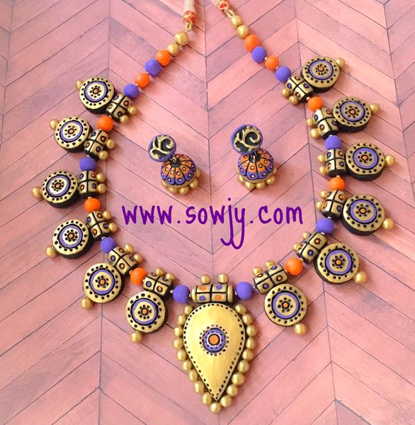 Antique Long Terracotta Haaram with Jhumkas in Shades of Gold,Purple and Orange!!!!!