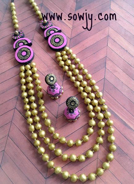Terracotta Three Layered Long Haaram Type Set with Jhumkas in Shades of Pink and Gold!!!!