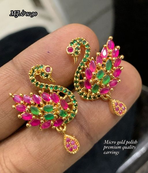 Lovely Swan Design AD Stone Earrings-Ruby and Emerald!!!
