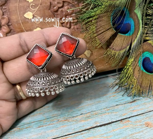 Square Stone Stud Oxidised Light Weighted Jhumkas- Water Red !!!