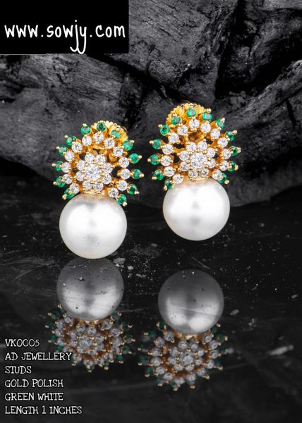 Lovely Pearl Studs with CZ Stones- Green and White!!!