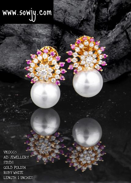 Lovely Pearl Studs with CZ Stones- Ruby and White!!!