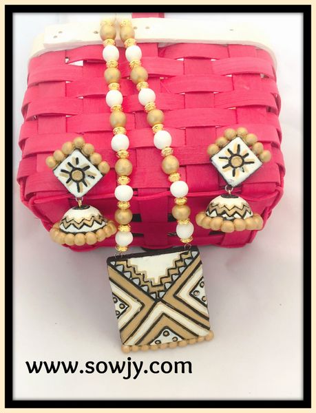 Simple Cream and Gold Square pendant Set with Jhumkas!!!!