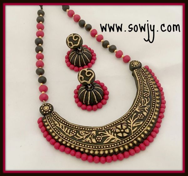 Trendy Semi Curved Polymer Clay Pendant set with Jhumkas in Black and Red Combo!!!!
