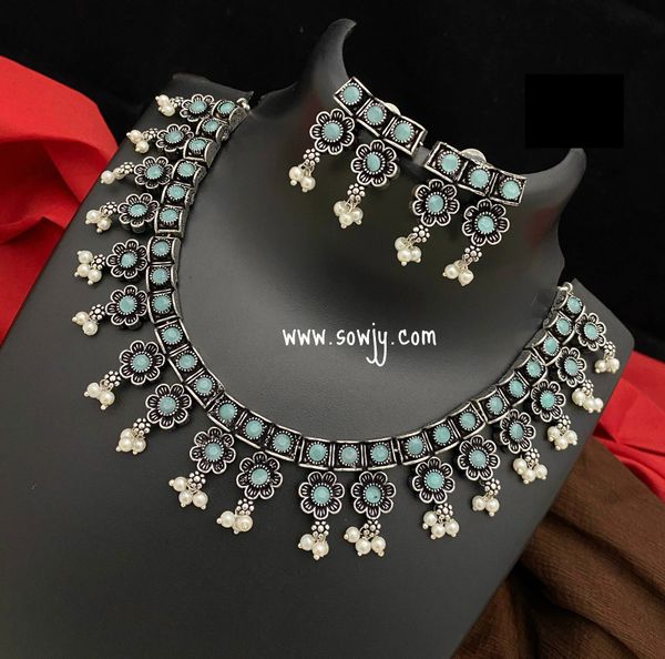 Flower Design Oxidized Necklace with Earrings- Light Blue!!!!