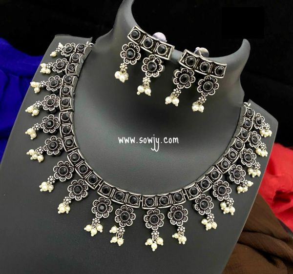 Flower Design Oxidized Necklace with Earrings- Black!!!