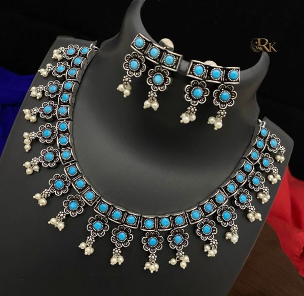 Flower Design Oxidized Necklace with Earrings- Turquoise Blue!!!
