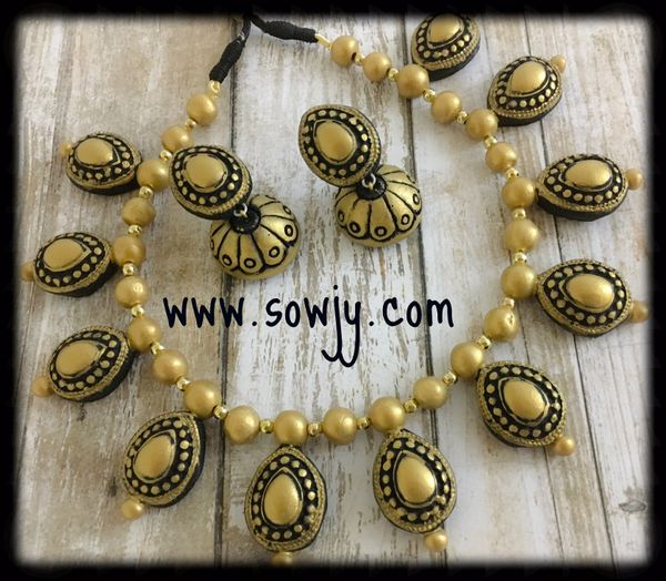Terracotta Antique Choker Set with Medium Sized Jhumkas in Gold!!!!!