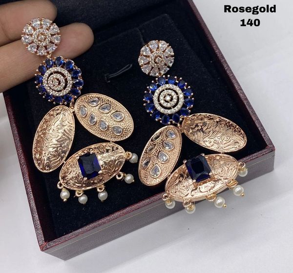 Rose Gold Finish Statement Long and Big SizeEarrings-Navy Blue!!!