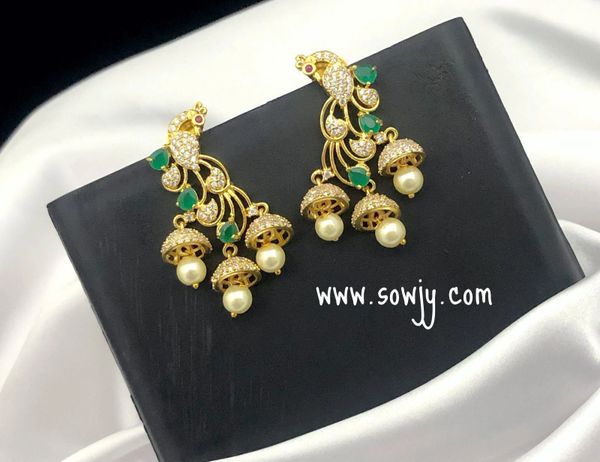 Peacock Triple Jhumkas Designer Light Weighted Earrings in Gold Finish- Green and White!!!