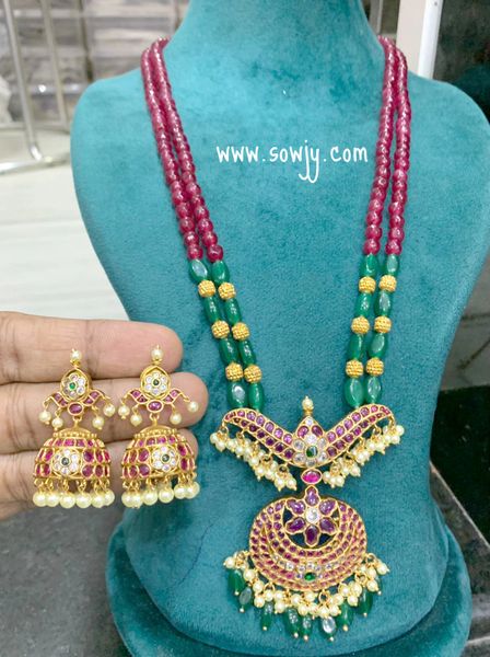 Kemp Stone Floral Design Pendant in 2 Layer Semi-Precious Beads Long Haaram with Jhumkas!!!