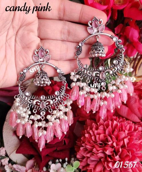Pretty Long and Light Weighjted Chaandbalis in Silver Brass Base with Middle Jhumki and Craved Hanging Beads-Pink!!!