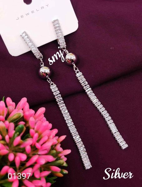 Lovely Long Statement Style OneLine Baguette Cut Diamond Studded Danglers-Silver Finish!!!