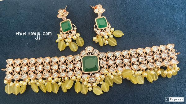 Beautiful Rose Gold Finish Moissanite Stone Choker Set with Earrings- Emerald center Stone,White and Yellow Monalisa Hanging Beads!!!