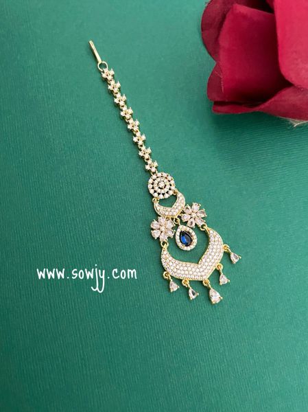 Gold Finish AD Stones Tikka- Navy Blue Center Stone!!!