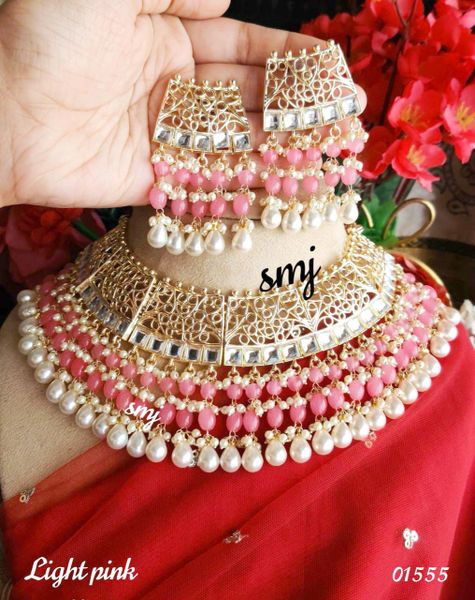Very Grand Choker Type Kundan Stone Necklace with Big Size Earrings-Light Pink!!!