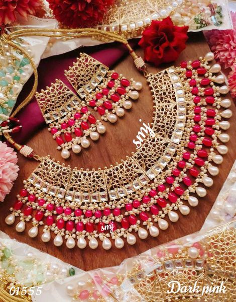 Very Grand Choker Type Kundan Stone Necklace with Big Size Earrings-RED!!!