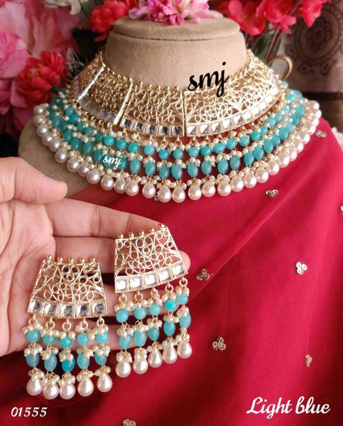 Very Grand Choker Type Kundan Stone Necklace with Big Size Earrings-Light Sky Blue!!!