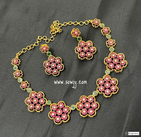 Flower Design Gold Finish Necklace with Flower Earrings-Ruby!!!