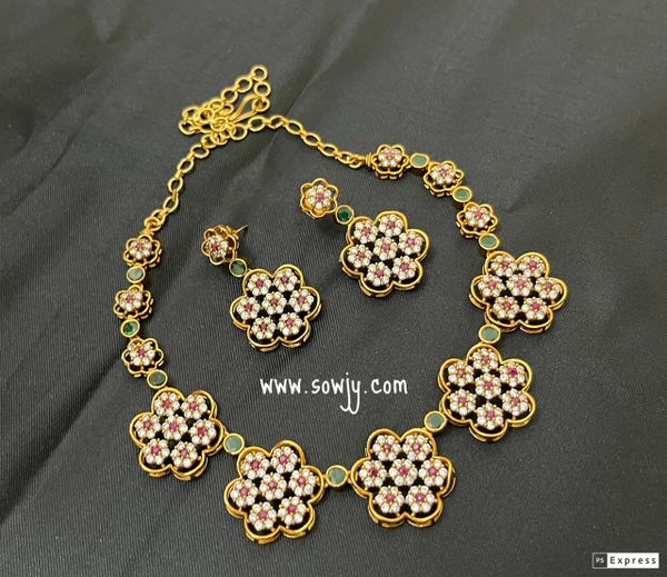 Flower Design Gold Finish Necklace with Flower Earrings-White!!!
