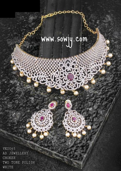 Beautiful Diamond Finish Choker with Lovely Light Weighted Earrings- Ruby Center Stone and Gold Finish!!!