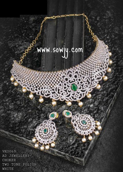 Beautiful Diamond Finish Choker with Lovely Light Weighted Earrings- Emerald Center Stone and Gold Finish!!!