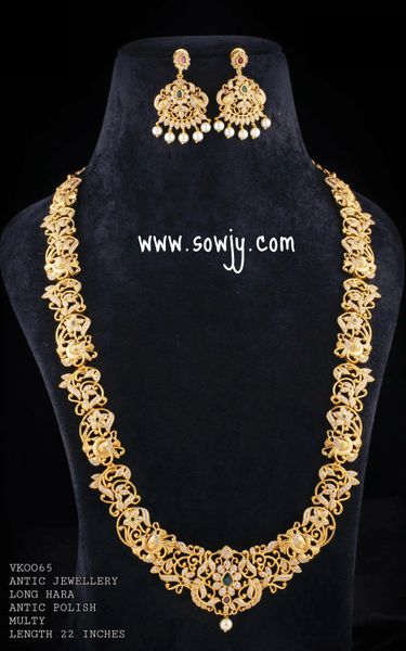 Peacock Pendant and Intricate Designer Gold Finish Long Haaram with Earrings!!!