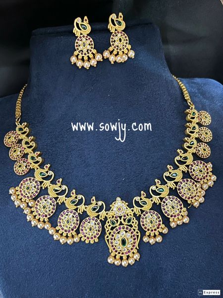 Lovely Peacock Short Necklace with Earrings in Yellow Gold Finish ...
