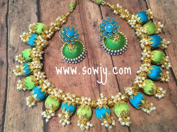 Grand Silk Thread Choker Set in Light Blue and Light Green with JHumkas!!!!