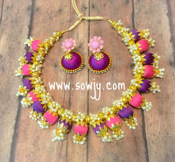 Grand Silk Thread Choker Set in Purple and Pink Shades with Jhumkas!!!
